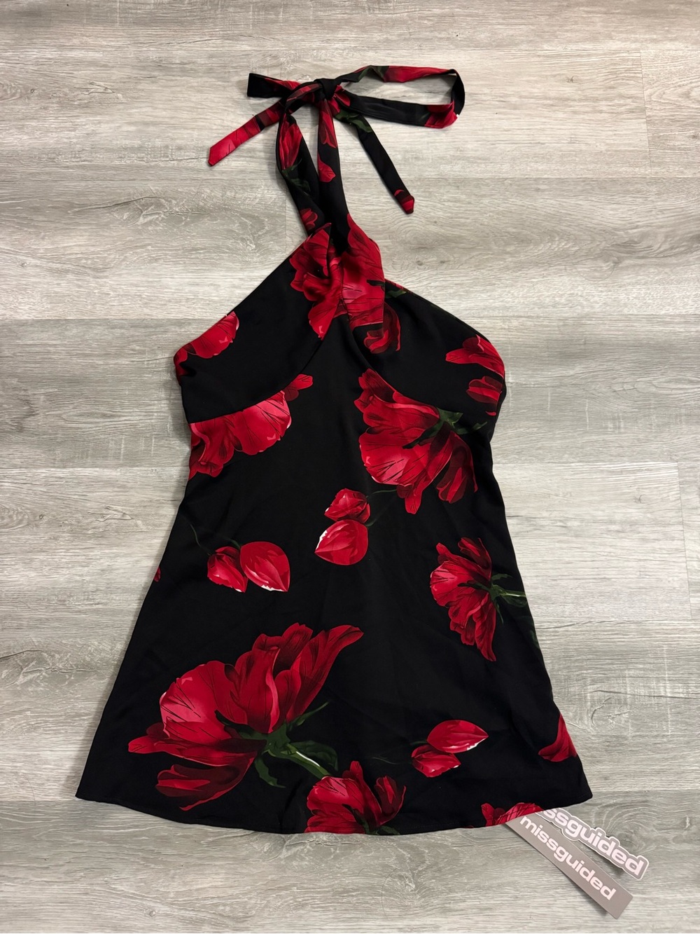 Missguided Black One-Shoulder Mini Dress with Red Floral Print